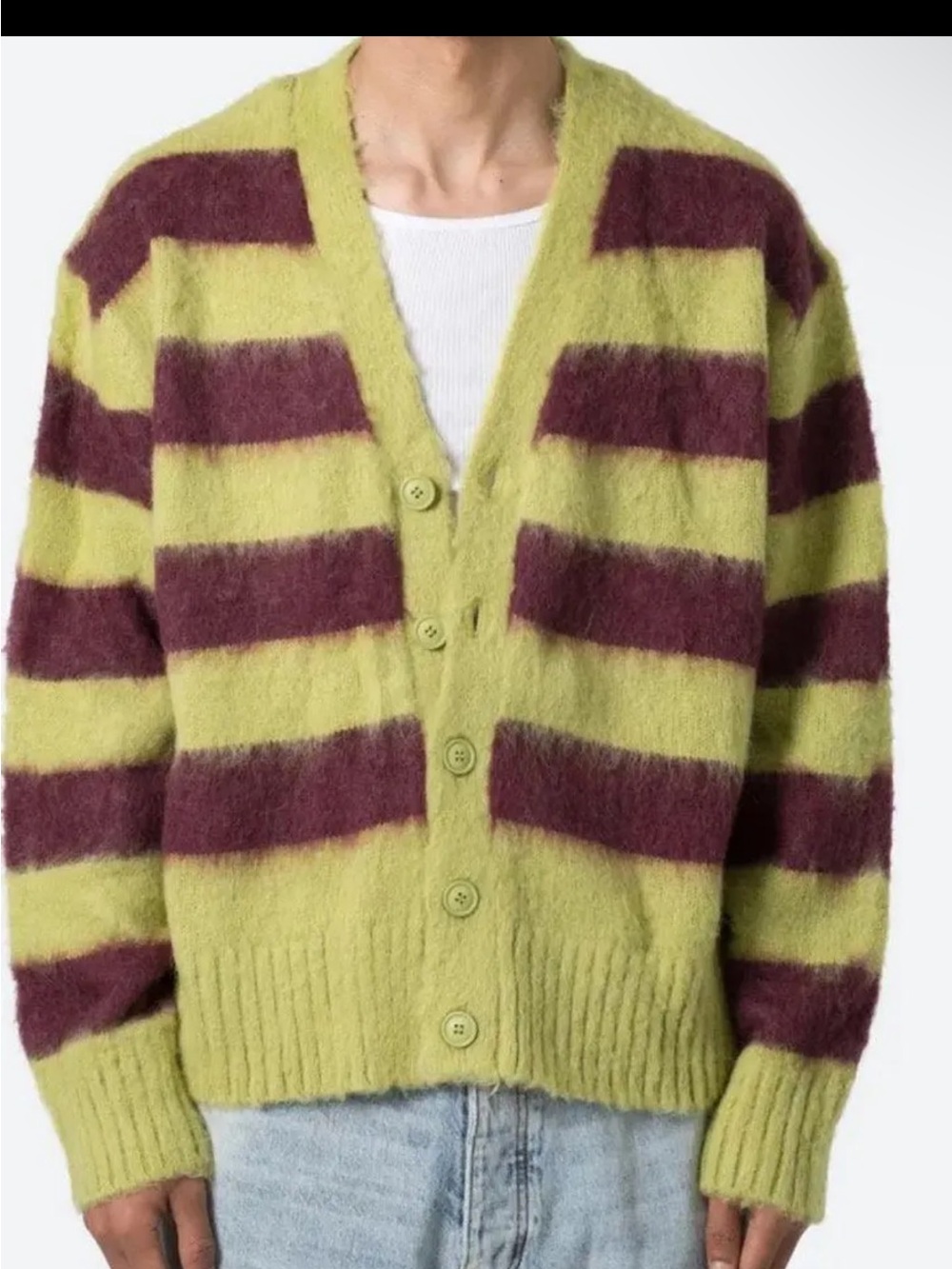 MNML Striped V-Neck Button Cardigan in Lime & Plum